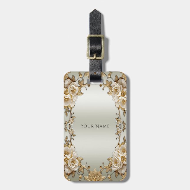 Étiquette À Bagage Balise de bagages Golden Ornate White Flowers (Devant Vertical)