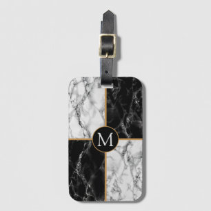 Étiquette À Bagage Balise de bagages Monogramme noir blanc marbre
