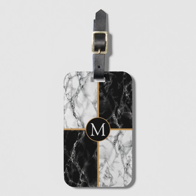 Étiquette À Bagage Balise de bagages Monogramme noir blanc marbre (Devant Vertical)