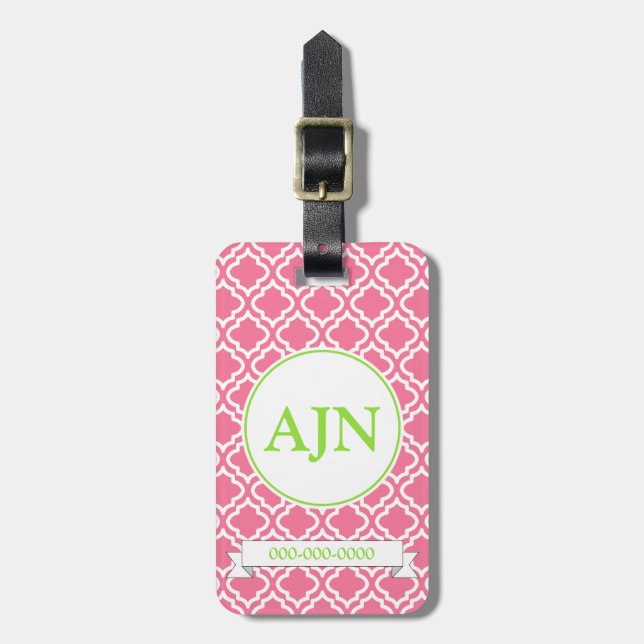 Étiquette À Bagage Balise de bagages Monogramme rose (Devant Vertical)