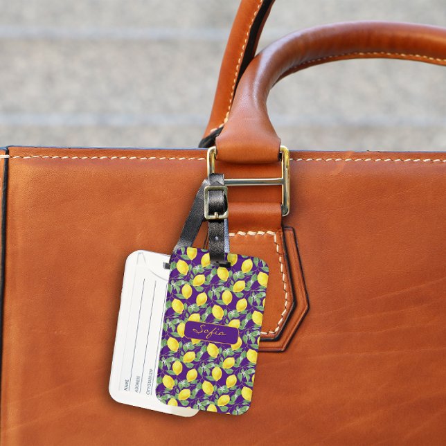Étiquette À Bagage Balise de motif jaune citron violet (Créateur téléchargé)