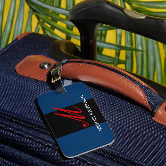 Étiquette À Bagage Balise de nom personnalisé Black Blue Grey Script (Insitu Rectoal 1)
