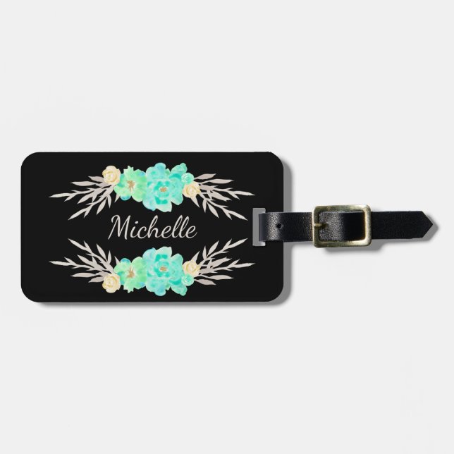 Étiquette À Bagage Balise de sac Monogramme personnalisé turquoise et (Devant horizontal)