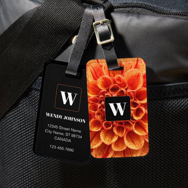 Étiquette À Bagage Balise Fleur orange avec bagages Monogramme (Créateur téléchargé)