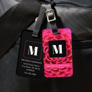Étiquette À Bagage Balise Fleur rose avec bagages Monogramme