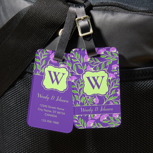 Étiquette À Bagage Balise Fleur violette avec bagages Monogramme (Créateur téléchargé)