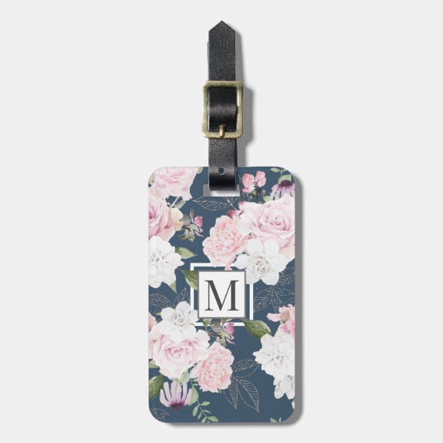 Étiquette À Bagage Balise Jardin rose Bleu ⎢ Monogramme (Devant Vertical)