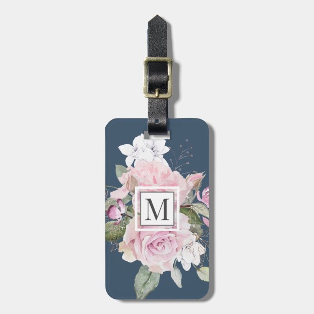 Étiquette À Bagage Balise Jardin rose Bleu ⎢ Monogramme (Devant Vertical)