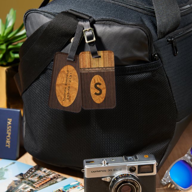 Étiquette À Bagage Balise joli Faux Wood Monogrammed Luggage (Recto & Verso)