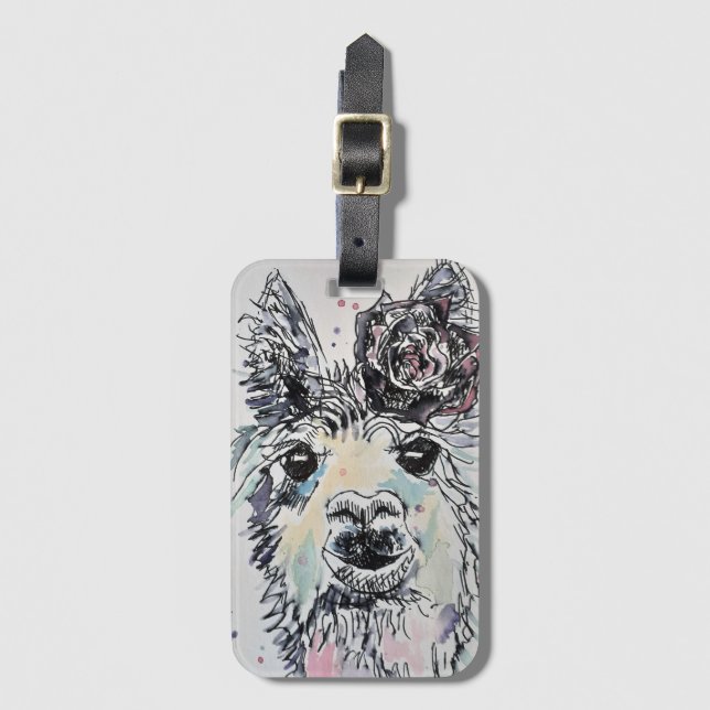 Étiquette À Bagage Balise Llama mignonne avec aquarelle Rose (Devant Vertical)