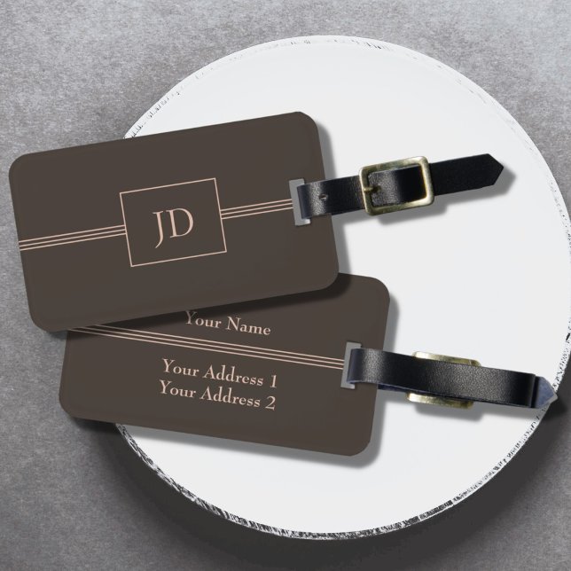 Étiquette À Bagage Balise simple élégant Brown monogramme noir (Créateur téléchargé)