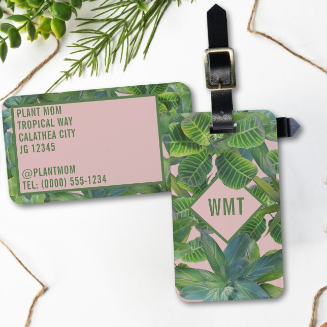 Étiquette À Bagage Balise verte Feuille tropicale Monogramme Pink (Don't be a wallflower, rock this botanical beauty on your next adventure.)