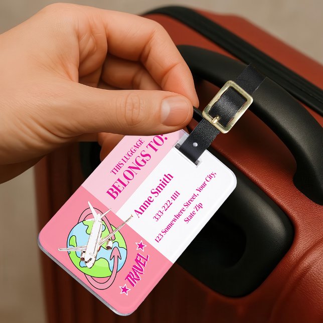 Étiquette À Bagage Balises de bagages d'avion de voyage rose personna (Créateur téléchargé)