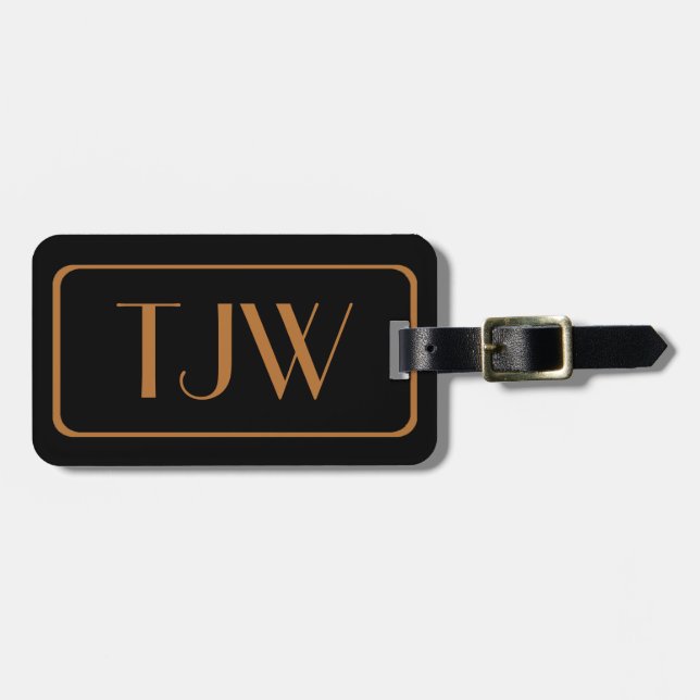 Étiquette À Bagage Balises des bagages paraphées couleur noir et cuiv (Devant horizontal)