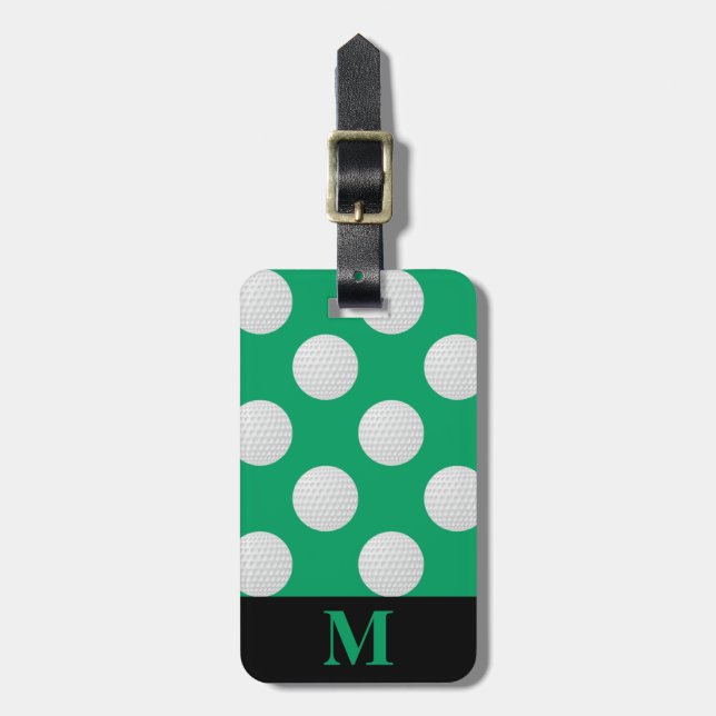 Étiquette À Bagage Balles de golf blanches Monogram, vert trèfle (Devant Vertical)