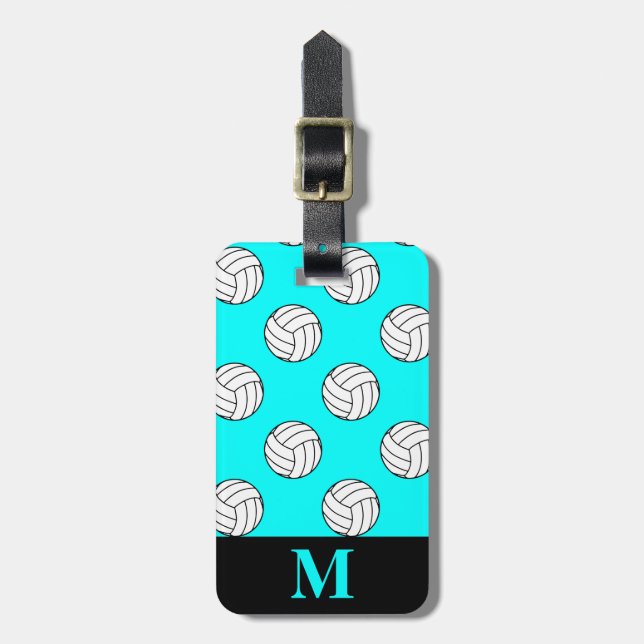 Étiquette À Bagage Balles de volley-ball blanches Monogram, bleu aqua (Devant Vertical)