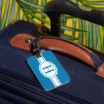 Étiquette À Bagage Bande blanche et bouclier ovale avec monogramme su<br><div class="desc">Une étiquette de bagage en bleu avec votre monogramme sur un bouclier ovale blanc avec une bande. Pour des raisons de sécurité, ne mettez jamais votre adresse complète visible sur un étiquette de bagage. C'est pourquoi vous trouvez sur les places à l'arrière pour votre nom, numéro de téléphone et adresse...</div>