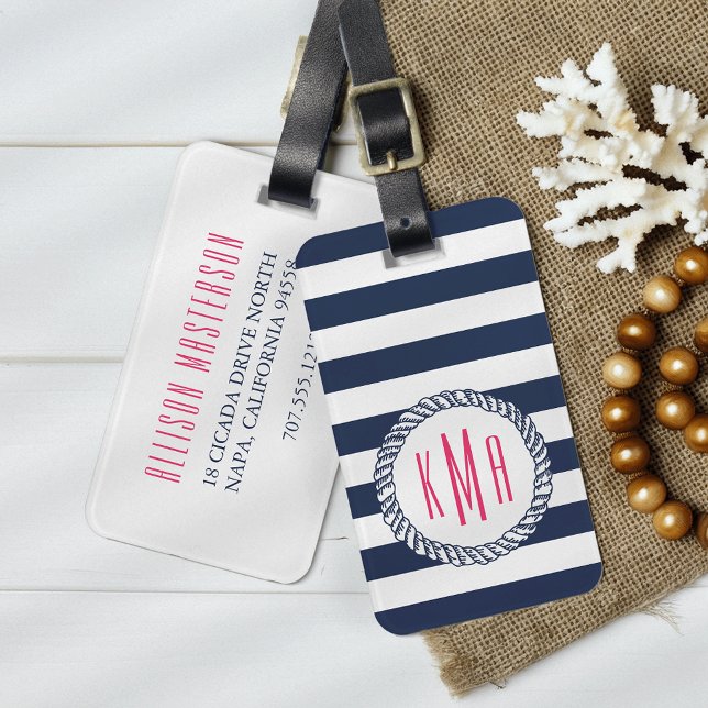 Étiquette À Bagage Bande marine et monogramme rose (Créateur téléchargé)