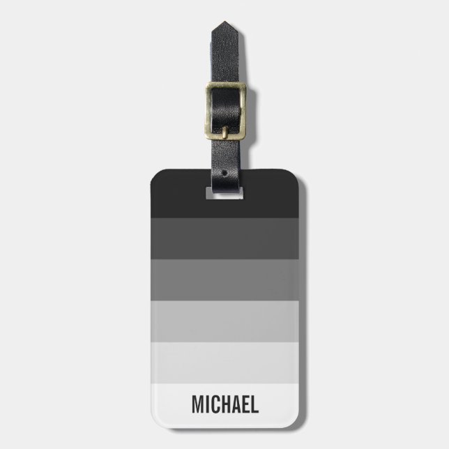 Étiquette À Bagage Bandes de dégradé noir et blanc avec nom (Devant Vertical)