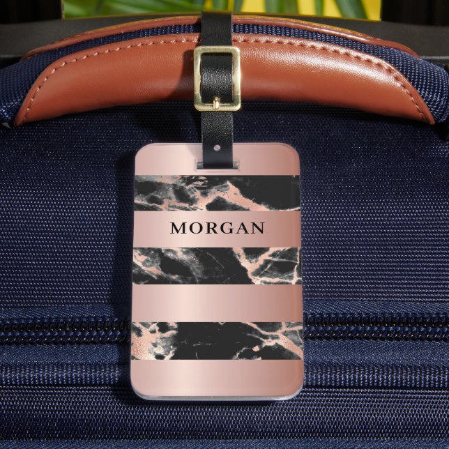 Étiquette À Bagage Bandes d'or rose, Marbre d'or noir et Rose, Nom (Insitu Rectoal 2)