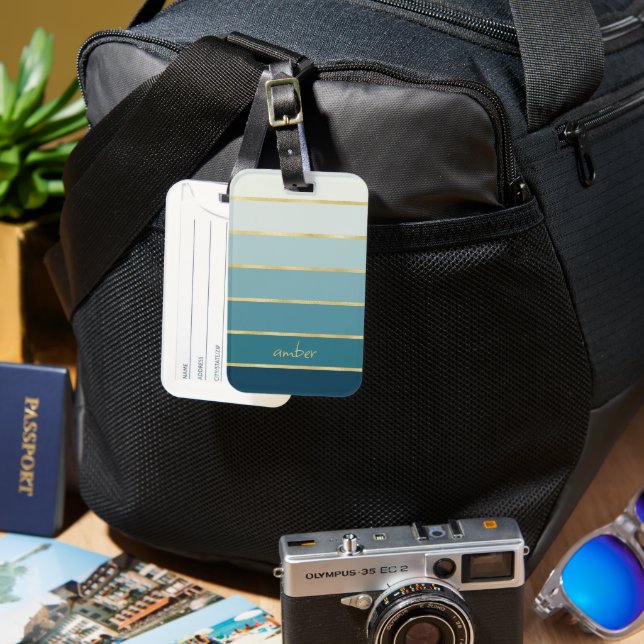 Étiquette À Bagage Bandes dorées Turquoises personnalisées (Recto & Verso)