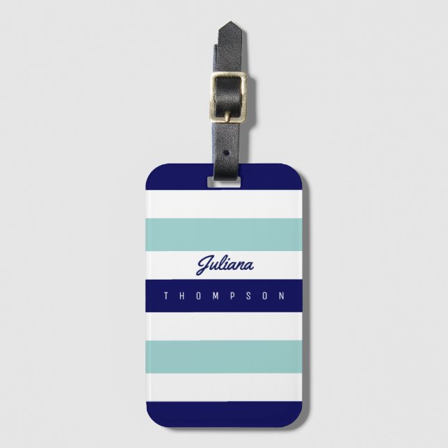 Étiquette À Bagage bandes horizontales bleues (2 tons) avec nom (Devant Vertical)
