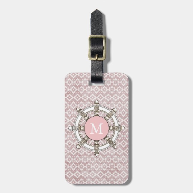 Étiquette À Bagage Bandes roses et blanches Monogramme mignonne (Devant Vertical)