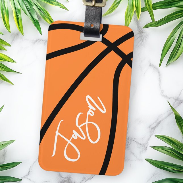 Étiquette À Bagage Basket-ball noir orange nom personnalisé (Basketball black orange custom name luggage tag)