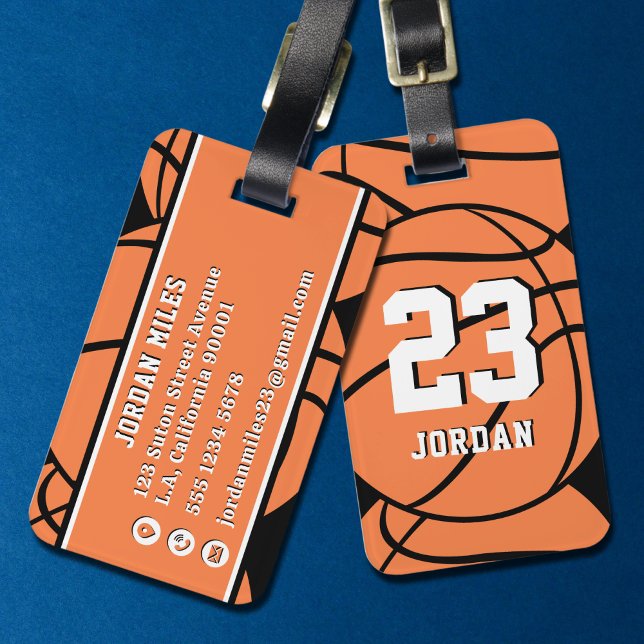 Étiquette À Bagage Basketball Orange Ball Custom Name & Jersey Number (Créateur téléchargé)