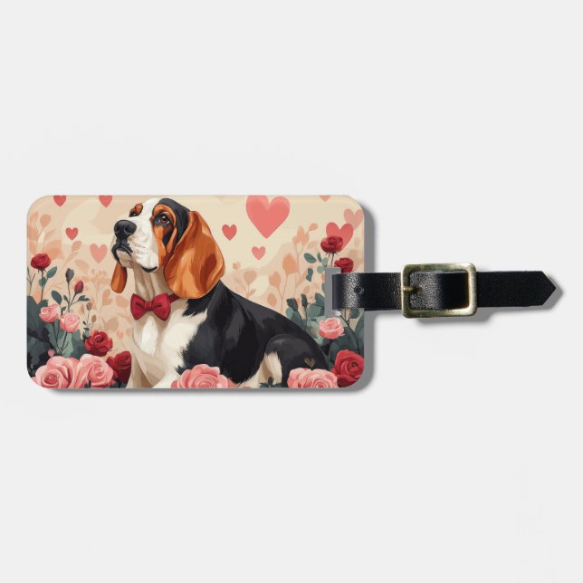 Étiquette À Bagage Basset Hound avec des Roses - Saint-Valentin  (Devant horizontal)
