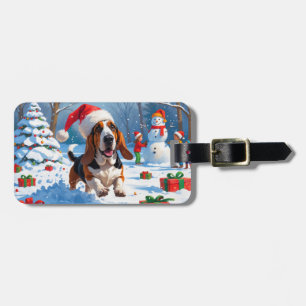 Étiquette À Bagage Basset Hound Festive de Noël Scène de neige