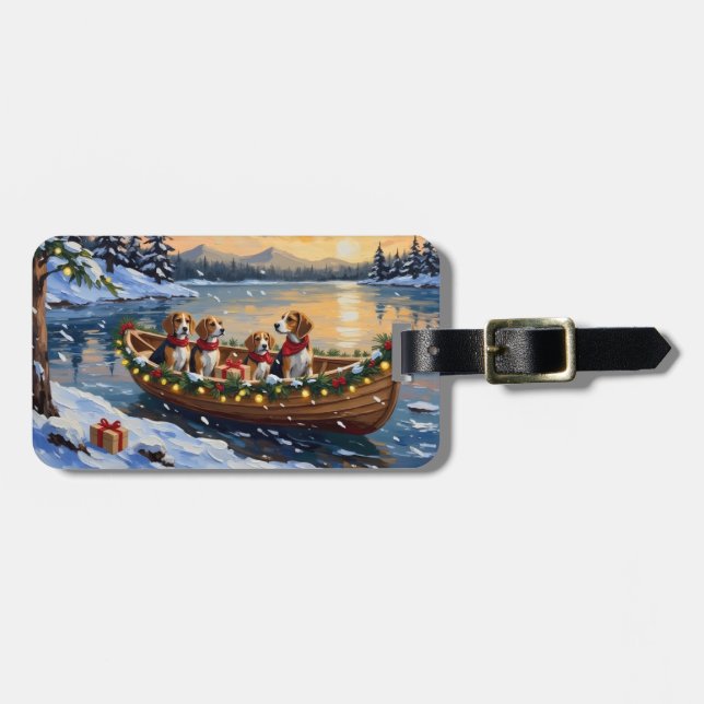 Étiquette À Bagage Bateau de Noël Beagle pour les Fêtes (Devant horizontal)