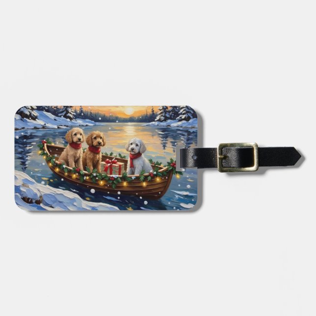Étiquette À Bagage Bateau de Noël de Caniche Fêtes (Devant horizontal)