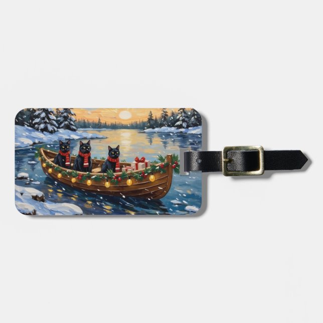 Étiquette À Bagage Bateau de Noël pour chat noir pour les fêtes (Devant horizontal)
