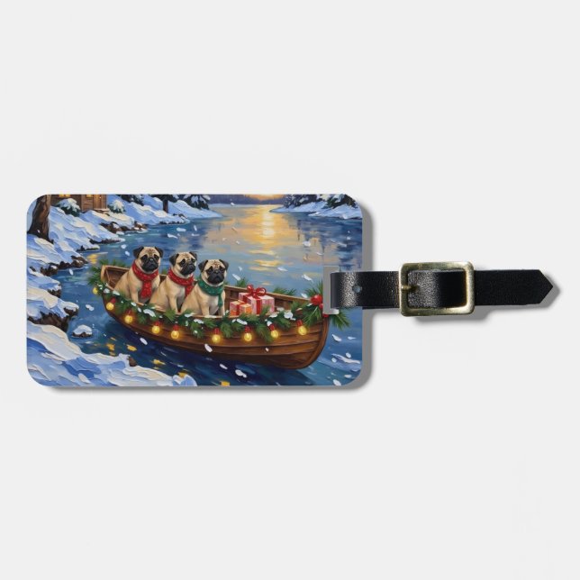 Étiquette À Bagage Bateau de Noël Pug Fêtes (Devant horizontal)