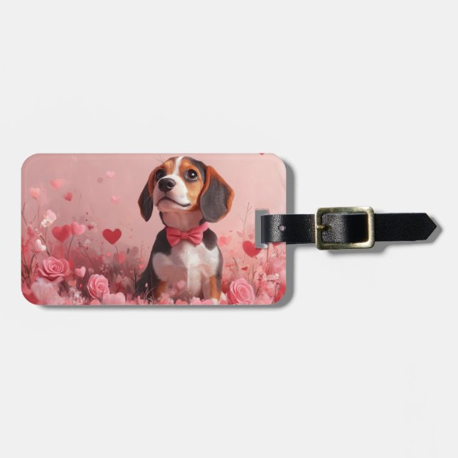 Étiquette À Bagage Beagle avec Rose - Saint Valentin (Devant horizontal)