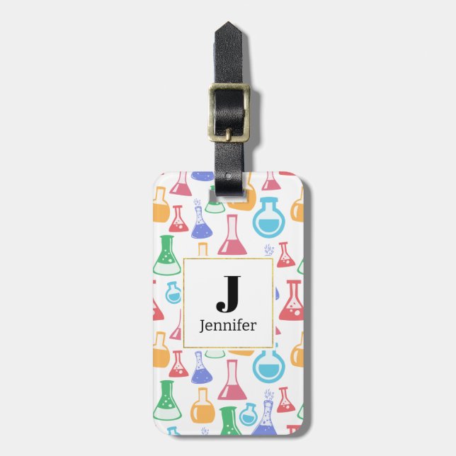 Étiquette À Bagage Beakers et flacons Fun Science Motif Monogramme (Devant Vertical)