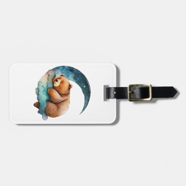 Étiquette À Bagage Bear en peluche mignonne dormant sur la lune du cr (Devant horizontal)