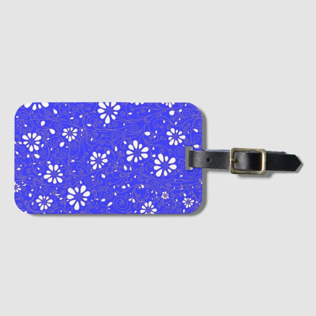 Étiquette À Bagage Beau bleu blanc classique fleurs motif (Devant Horizontal)