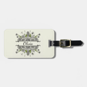 Étiquette À Bagage Beau dessin de fleurs noires et blanches