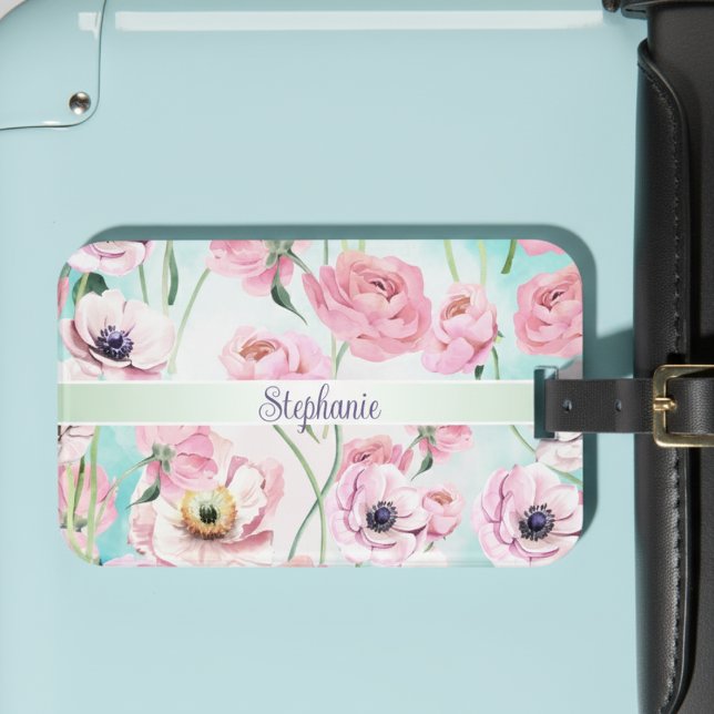 Étiquette À Bagage Beau Elégant Rose rose floral avec (Créateur téléchargé)