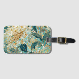 Étiquette À Bagage Beautiful Blooming Flowers with Green Gold Pattern