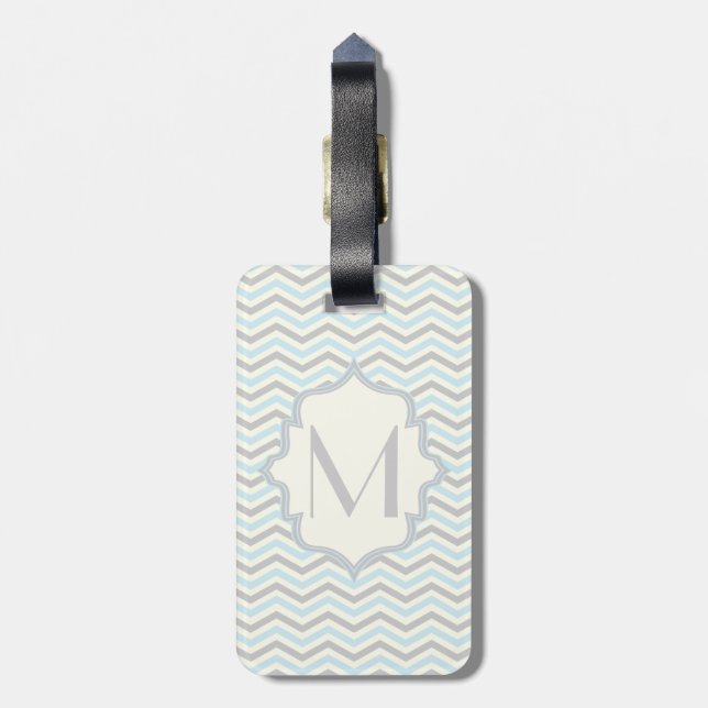 Étiquette À Bagage Bébé bleu moderne, grey, ivory chevron (Dos Vertical)