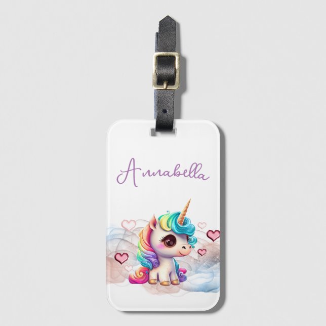 Étiquette À Bagage Bébé licorne mignonne et cœurs (Devant Vertical)
