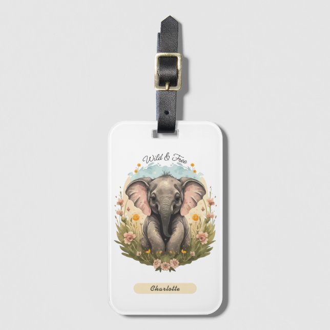 Étiquette À Bagage Bébé mignon Eléphant Calf Fleur sauvage Wanderlust (Devant Vertical)