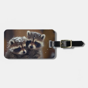 Étiquette À Bagage Bébé Raccoons se blottit dans la neige tombante