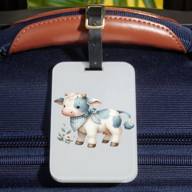 Étiquette À Bagage Bébé Vache Gingham Bleu Pastel Esthétique Ferme (Insitu Rectoal 2)