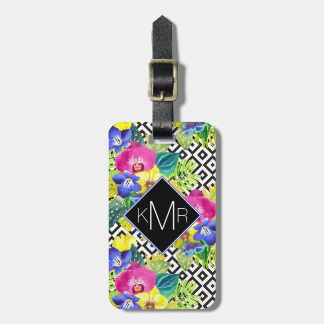 Étiquette À Bagage Bégonia d'orchidée et monogramme des palmettes | (Devant Vertical)