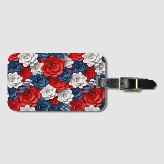 Étiquette À Bagage Belle Fleur Rouge Blanc Bleu Jardin Floral USA (Devant Horizontal)