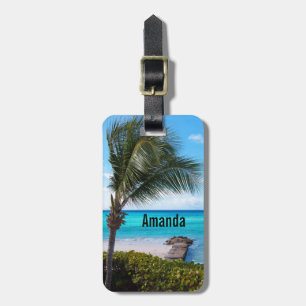 Étiquette À Bagage Belle plage tropicale, palmier venteux